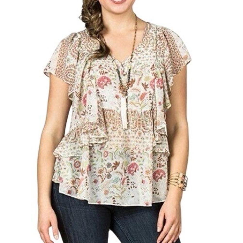 Matilda Jane Fly By Sheer Tiered Ruffle Top Medium Boho Floral Blouse